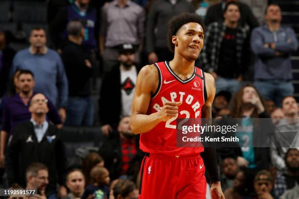 Patrick McCaw of the Toronto Raptors reacts during the game against the Charlotte Hornets on January 8, 2020 at Spectrum Center in Charlotte, North...