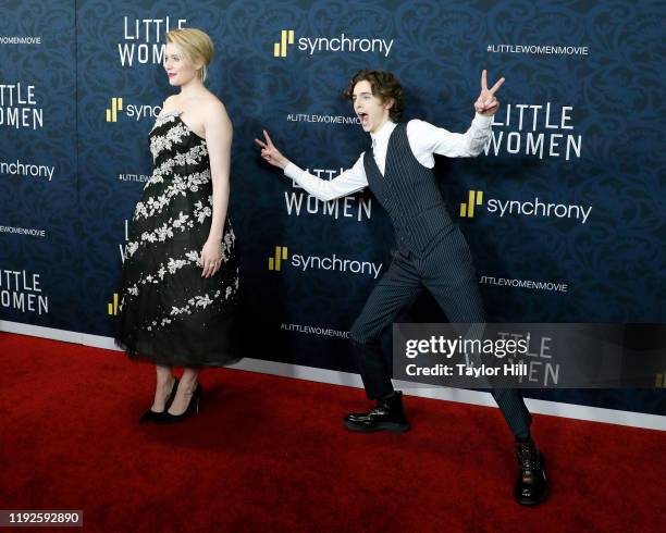 Timothee Chalamet photobombs Greta Gerwig at the world premiere of "Little Women" at Museum of Modern Art on December 07, 2019 in New York City.