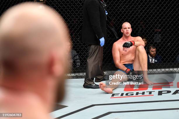 Stefan Struve of Netherlands reacts after his TKO loss to Ben Rothwell in their heavyweight bout during the UFC Fight Night event at Capital One...