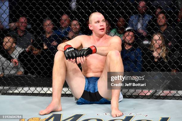 Stefan Struve of Netherlands reacts after his TKO loss to Ben Rothwell in their heavyweight bout during the UFC Fight Night event at Capital One...