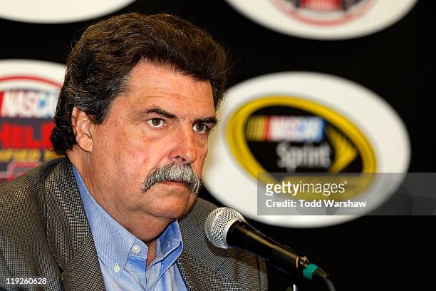 President Mike Helton speaks to the media during a press conference at New Hampshire Motor Speedway on July 15, 2011 in Loudon, New Hampshire.