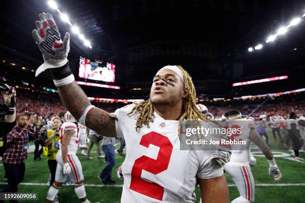 Chase Young of the Ohio State Buckeyes celebrates after the win against the Wisconsin Badgers in the Big Ten Football Championship at Lucas Oil...