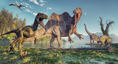 Spinosaurus and deinonychus in the jungle. This is a 3d render illustration.