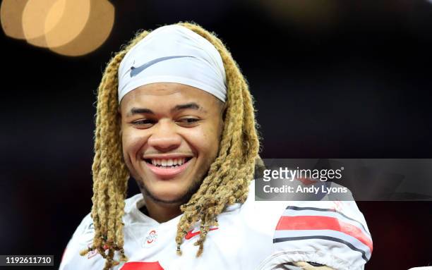 Chase Young of the Ohio State Buckeyes celebrates after the BIG Ten Football Championship Game against the Wisconsin Badgers at Lucas Oil Stadium on...
