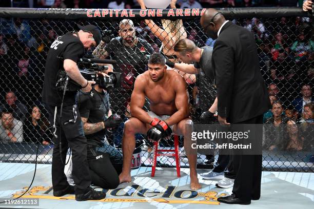 Alistair Overeem of Netherlands rests in his corner between rounds of his heavyweight bout against Jairzinho Rozenstruik of Suriname during the UFC...