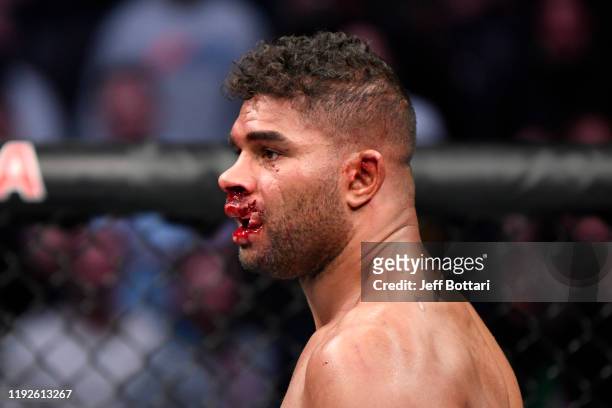 Alistair Overeem of Netherlands reacts after his TKO loss to Jairzinho Rozenstruik of Suriname in their heavyweight bout during the UFC Fight Night...