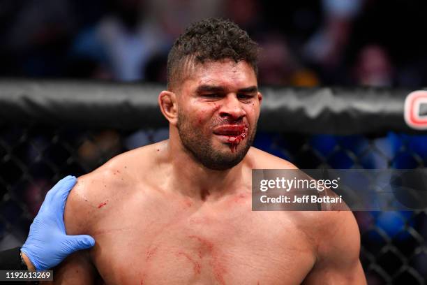 Alistair Overeem of Netherlands reacts after his TKO loss to Jairzinho Rozenstruik of Suriname in their heavyweight bout during the UFC Fight Night...