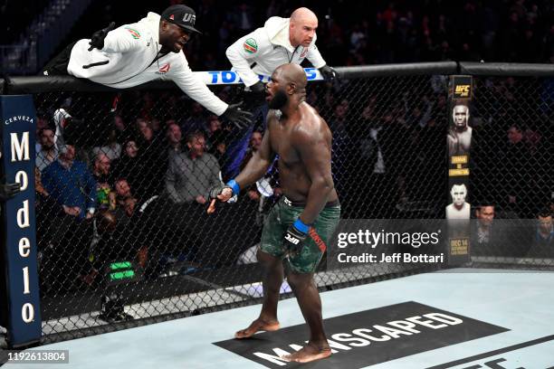 Jairzinho Rozenstruik of Suriname celebrates his KO victory over Alistair Overeem of Netherlands in their heavyweight bout during the UFC Fight Night...