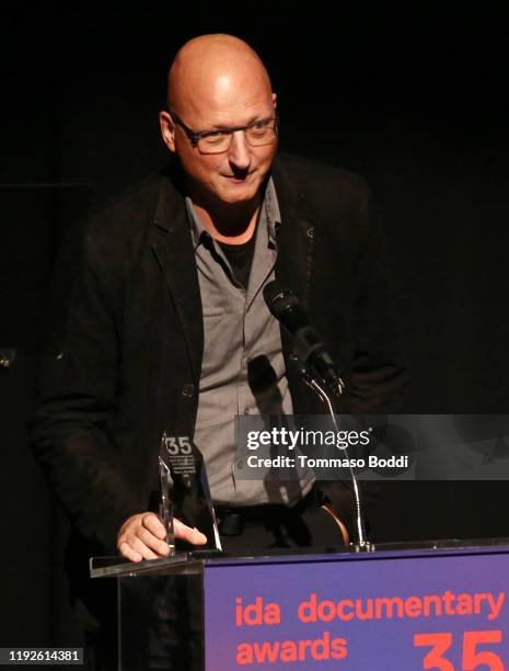Dan Reed accepts the Best Multi-Part Documentary for 'Leaving Neverland' onstage during the 2019 IDA Documentary Awards at Paramount Pictures on...