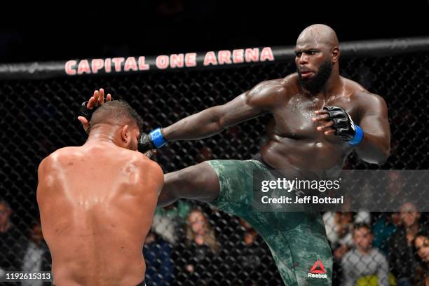 Jairzinho Rozenstruik of Suriname kicks Alistair Overeem of Netherlands in their heavyweight bout during the UFC Fight Night event at Capital One...