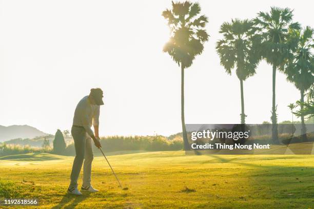 golf man playing golf in a golf course - tiro curto imagens e fotografias de stock