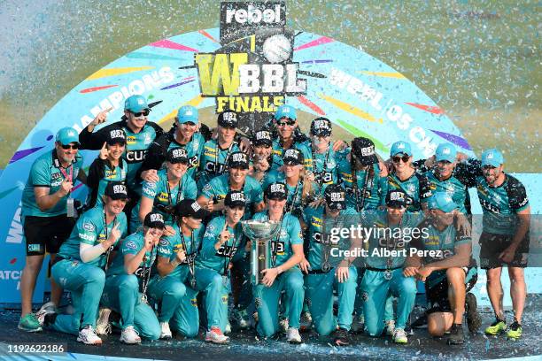 Brisbane Heat players celebrate winning the 2019 Women's Big Bash League Final match between the Brisbane Heat and the Adelaide Strikers at Allan...