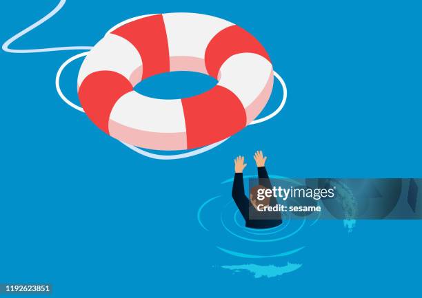 flooded businessman getting rescue from life buoy - buoy stock illustrations