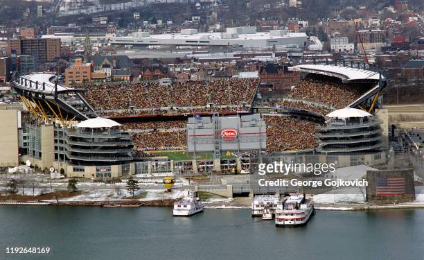 General view of Heinz Field along the north shore of the Allegheny River during a playoff game between the Baltimore Ravens and Pittsburgh Steelers...
