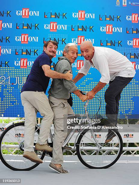 Giacomo Poretti, Giovanni Storti and Aldo Baglio known as Aldo, Giovanni e Giacomo attend the 2011 Giffoni Experience on July 15, 2011 in Giffoni...