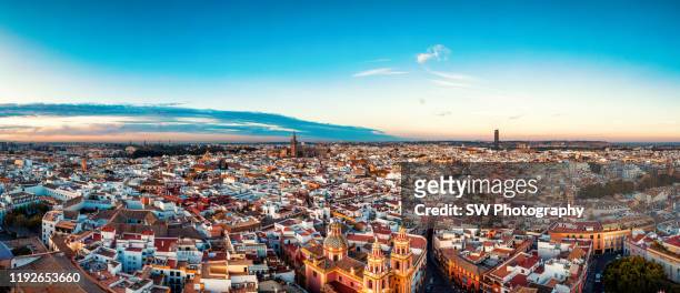 sunrise panorama view of the seville old town cityscape - seville stockfoto's en -beelden