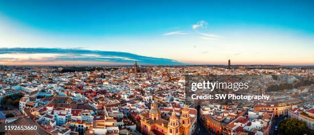 sunrise panorama view of the seville old town cityscape - santa cruz sevilha - fotografias e filmes do acervo