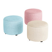 Three round color cloth pouf on a white background. 3d rendering