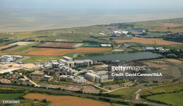An aerial view of the Championship venue across the Pfizer factory during the second round of The 140th Open Championship at Royal St George's on...
