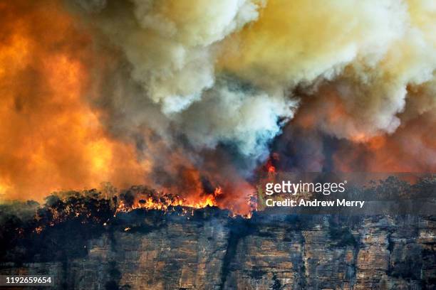 forest fire, bushfire with flames and thick smoke clouds on the edge of rocky cliff in blue mountains, australia - australia fires fotografías e imágenes de stock