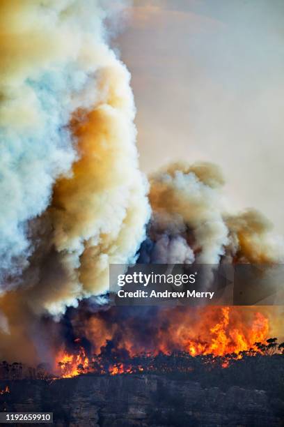 large smoke cloud from forest fires, bushfires on mountain, air pollution, climate change in australia - forest fire close up stock pictures, royalty-free photos & images