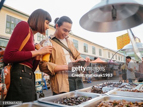 Fired Insect Asian Man Taking Photo Of Fired Insect At Street Food High-Res Stock ...