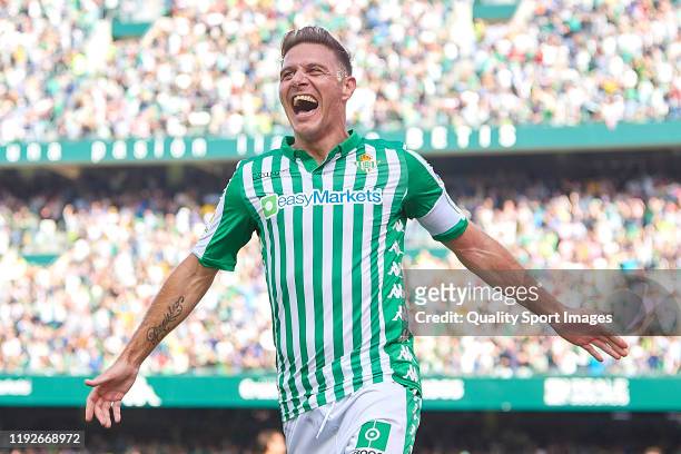 Joaquin Sanchez of Real Betis celebrates scoring his team's third goal during the Liga match between Real Betis Balompie and Athletic Club at Estadio...