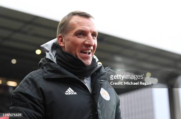 Brendan Rodgers, Manager of Leicester City looks on prior to the Premier League match between Aston Villa and Leicester City at Villa Park on...