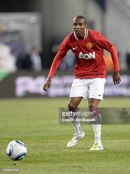 Ashley Young of Manchester United competes during a friendly match against the New England Revolution at Gillette Stadium on July 13, 2011 in...