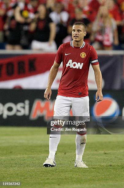 Nemanja Vidic of Manchester United competes during a friendly match against the New England Revolution at Gillette Stadium on July 13, 2011 in...