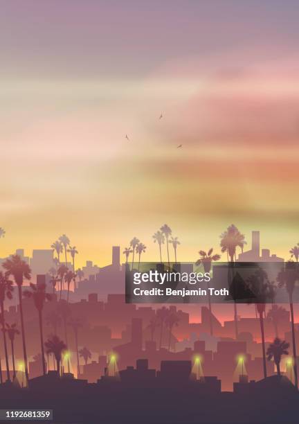 tropical city skyline with palm tree at night - town silhouette stock illustrations