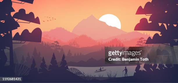 illustrazioni stock, clip art, cartoni animati e icone di tendenza di lago minimale piatto con pineta e montagne al tramonto - natura