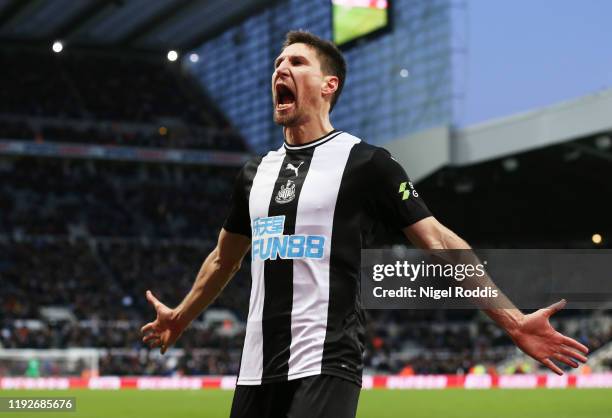 Federico Fernandez of Newcastle United celebrates after scoring his team's second goal during the Premier League match between Newcastle United and...