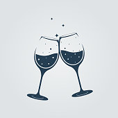 Two champagne glasses clink in toast. Vector illustration flat design.