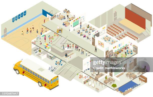 isometrische schulausschnitt-illustration - school building stock-grafiken, -clipart, -cartoons und -symbole