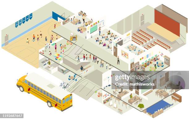 ilustraciones, imágenes clip art, dibujos animados e iconos de stock de ilustración de corte de la escuela isométrica - interior