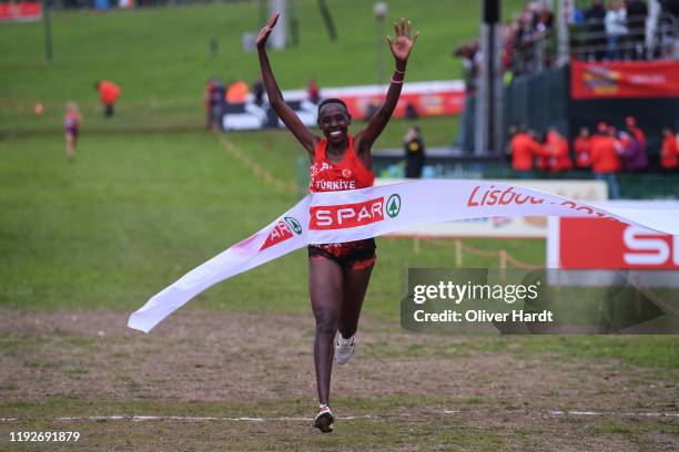 Yasemin Can of Turkey reacts after the Senior Women final race of the SPAR European Cross Country Championships at the Parque da Bela Vista on...