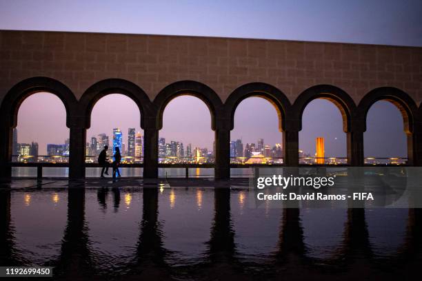 Couple emjoy the views over the skyline of Doha from the Museum of Islamic Art on December 08, 2019 in Doha, Qatar.