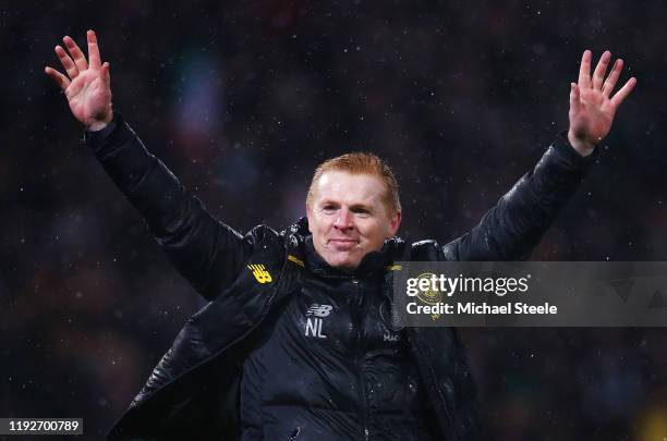 Neil Lennon, Manager of Celtic celebrates his team's victory after the Betfred Cup Final between Rangers FC and Celtic FC at Hampden Park on December...