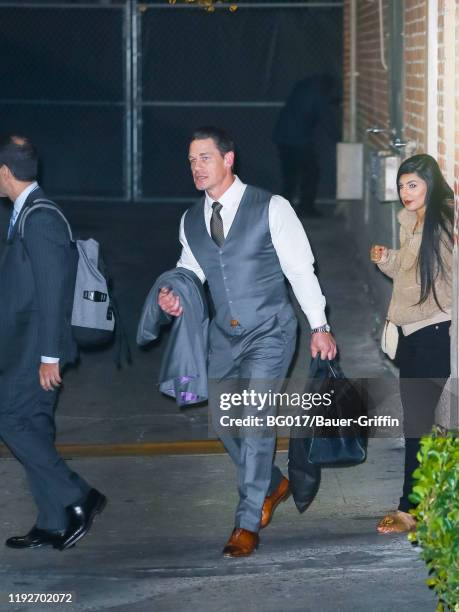 John Cena and Shay Shariatzade are seen arriving at the 'Jimmy Kimmel Live' on January 08, 2020 in Los Angeles, California.