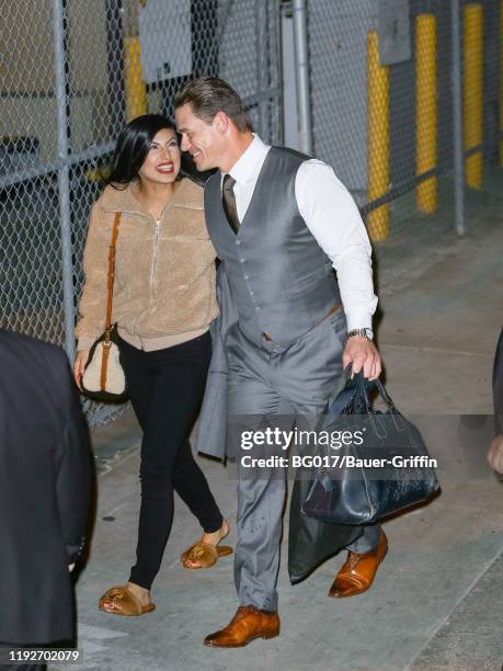 John Cena and Shay Shariatzade are seen arriving at the 'Jimmy Kimmel Live' on January 08, 2020 in Los Angeles, California.