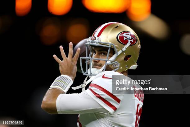 Jimmy Garoppolo of the San Francisco 49ers warms up prior to the game against the New Orleans Saints at Mercedes Benz Superdome on December 08, 2019...