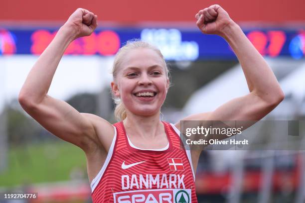 Anna Emilie Moller of Denmark reacts after the U23 Women final race of the SPAR European Cross Country Championships at the Parque da Bela Vista on...