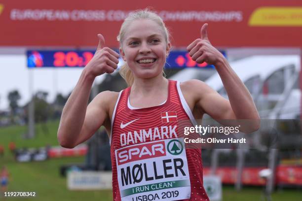 Anna Emilie Moller of Denmark reacts after the U23 Women final race of the SPAR European Cross Country Championships at the Parque da Bela Vista on...