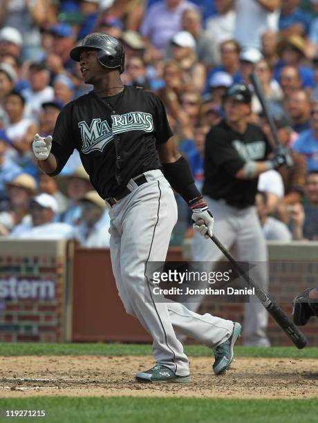 Hanley Ramirez of the Florida Marlins collects his 1,000th career hit with a single in the 9th inning against the Chicago Cubs at Wrigley Field on...