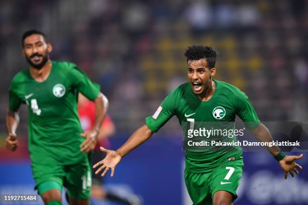 Abdulrahman Ghareeb of Saudi Arabia celebrates scoring his sides goal during the AFC U-23 Championship match between Japan and Saudi Arabia at...