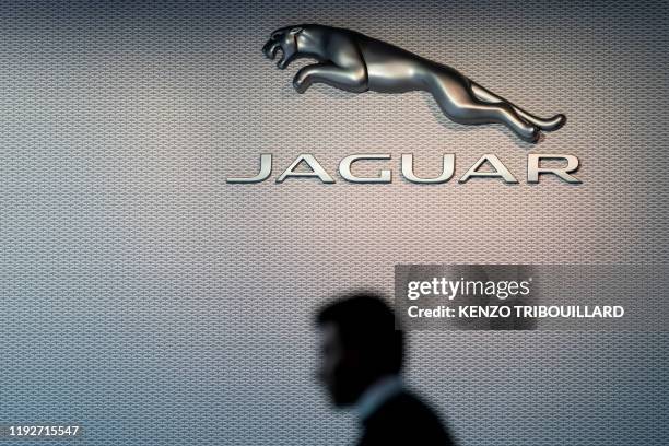 Jaguar logo is pictured during the Brussels Motor Show on January 9, 2020 in Brussels.