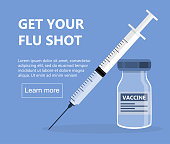 Flu shot concept om the blue background. Time to vaccinate. Get your flu shot. Syringe with vaccine bottle. Immunization
