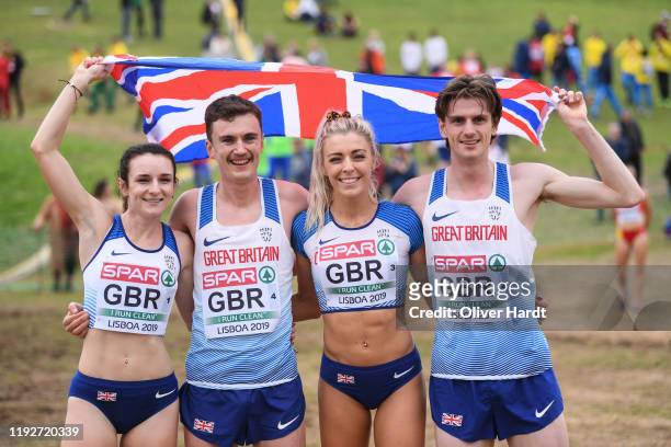 Team of Great Britain reacts after the after finishing in the Senior Relay Mixed race at the SPAR European Cross Country Championships at the Parque...