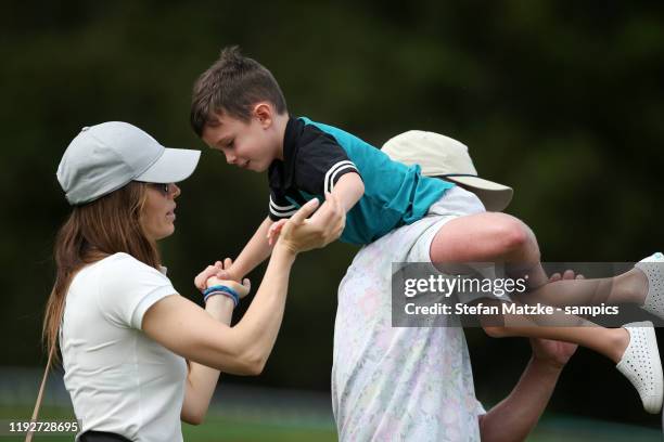 Justin Timberlake holds his son Silas next to his wife Jessica Biel ahead of the Pro-Am prior to the start of the Omega European Masters at at Crans...